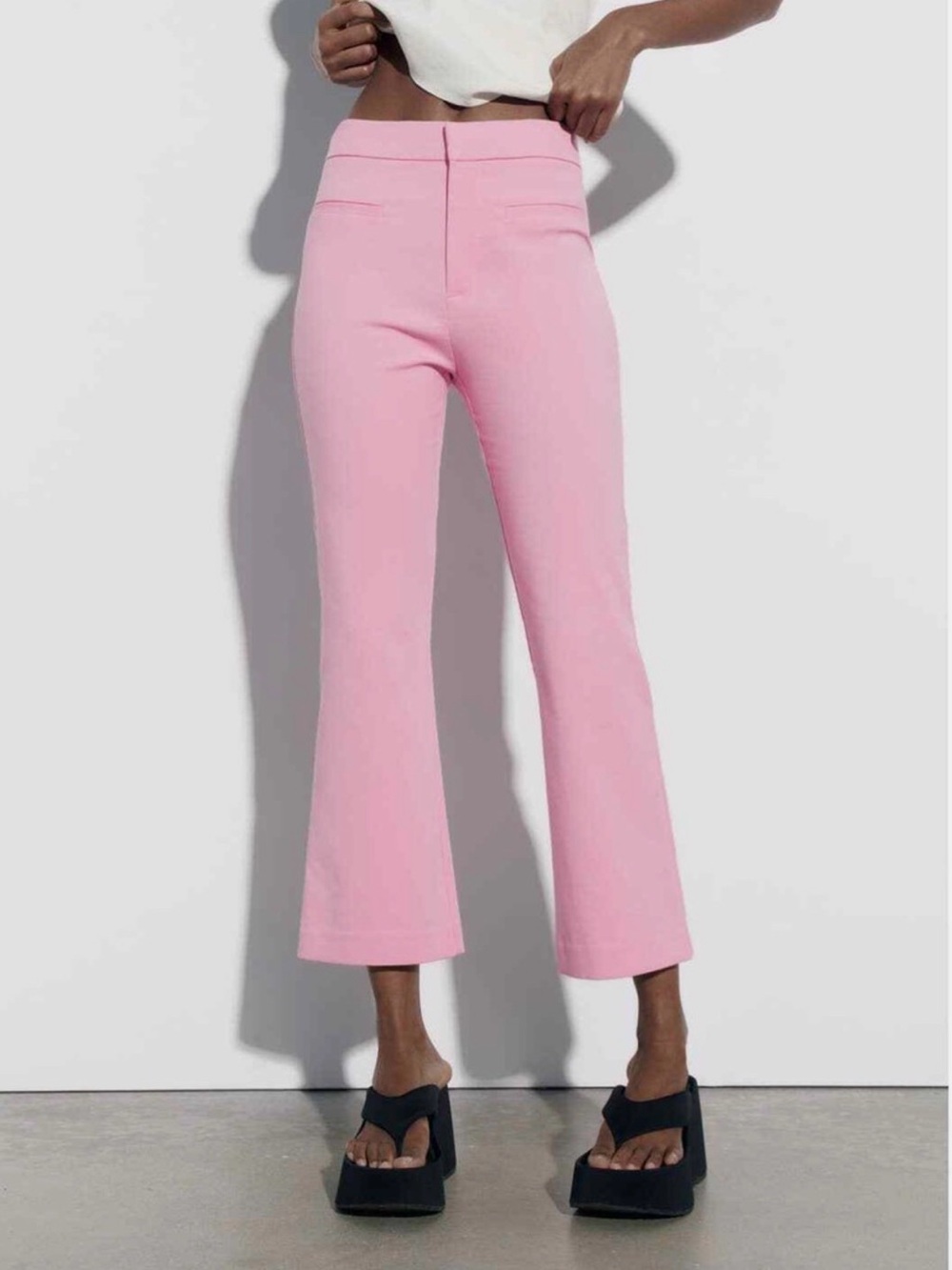 Zara Light Pink High-Waisted Cropped Flare Pants